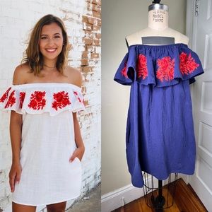 Umgee Floral Off the shoulder ruffle Dress Floral Embroidered Large
